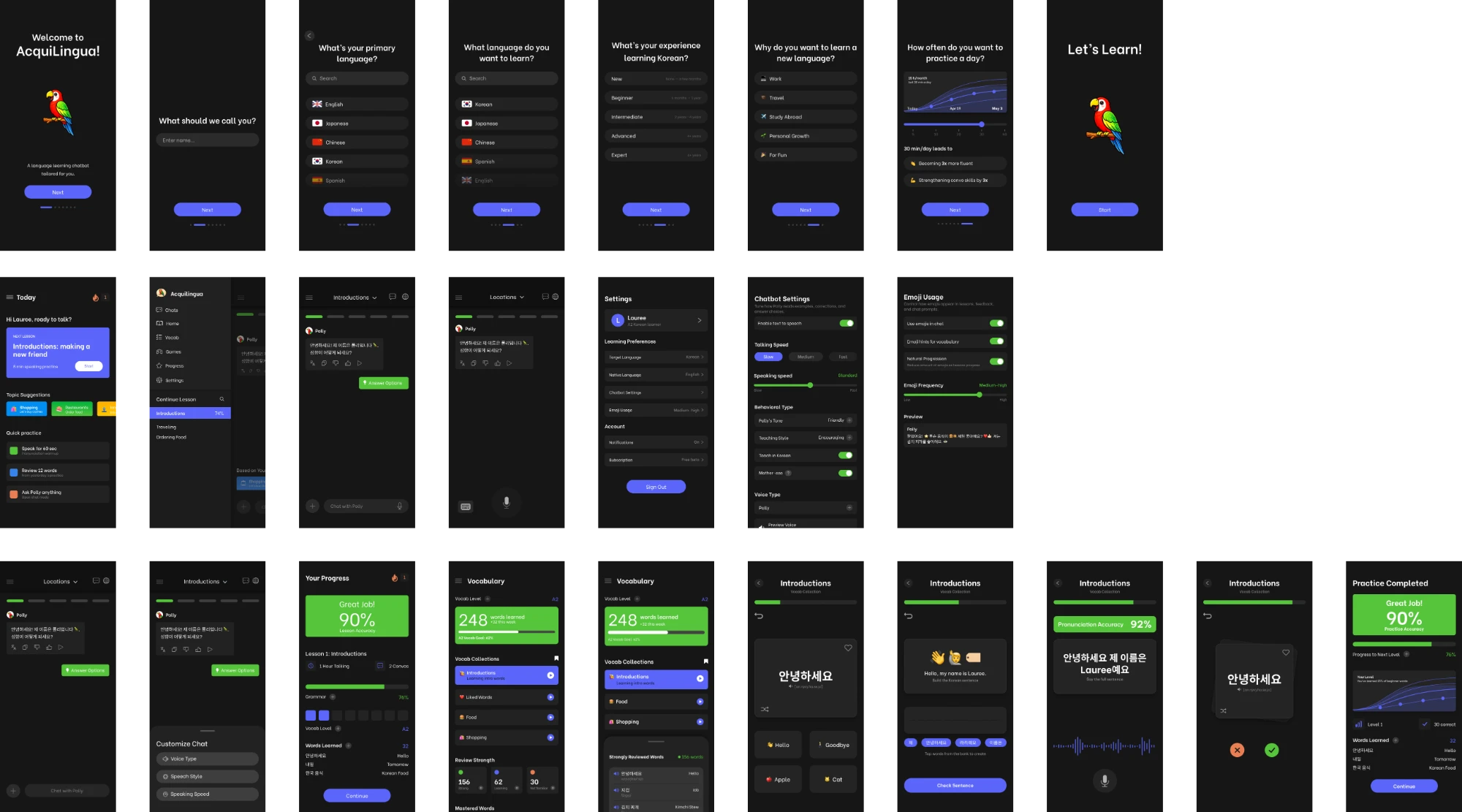 AcquiLingua final design screens covering onboarding, home, chat, vocabulary, settings, and progress tracking
