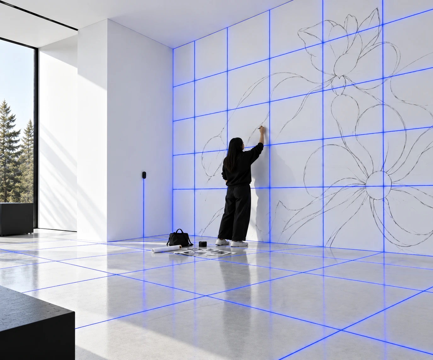 Rendering of an artist sketching a mural on a wall using the Projekt device's projected grid