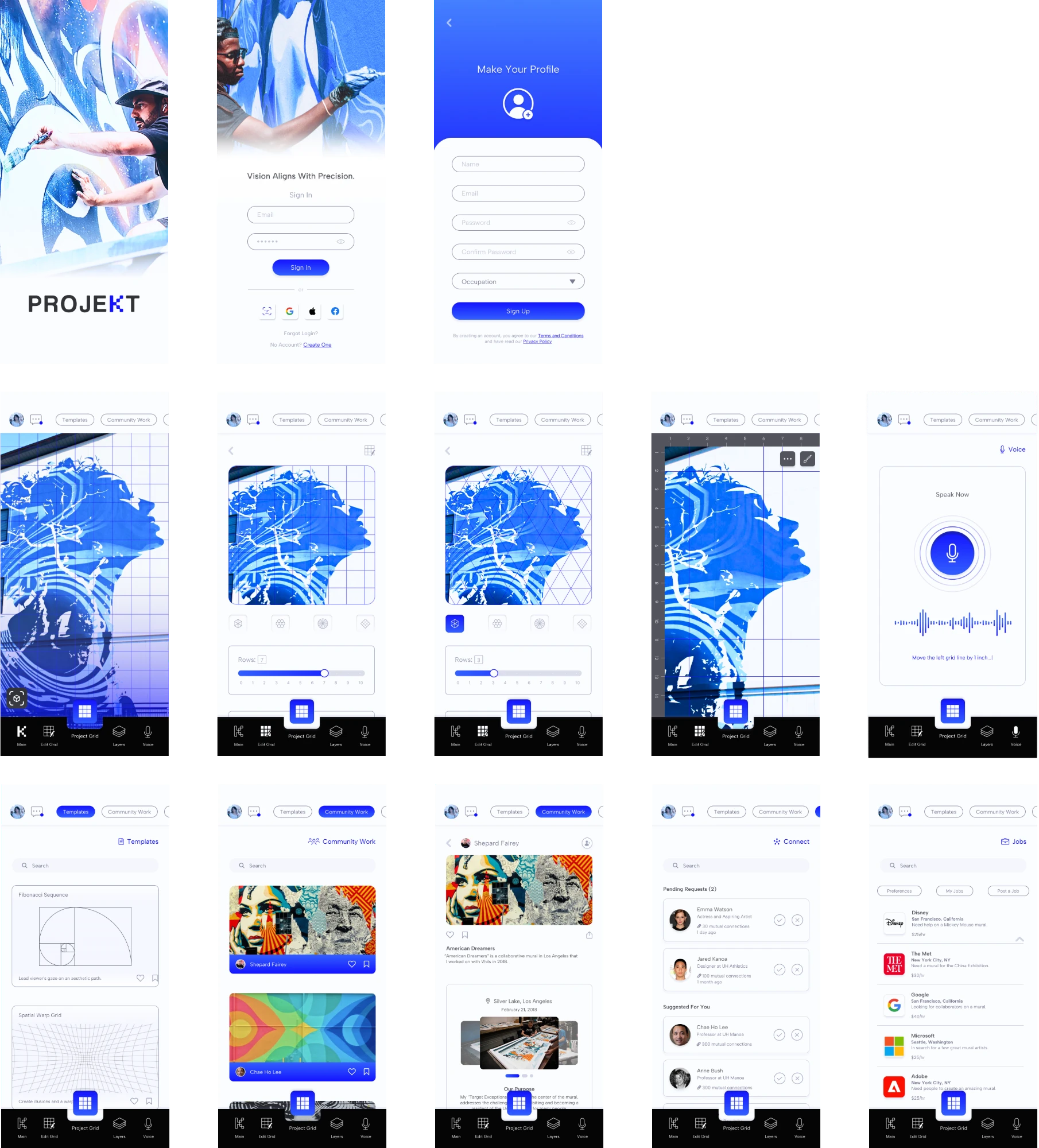 Projekt final design screens, covering the main app pages and sidebar pages