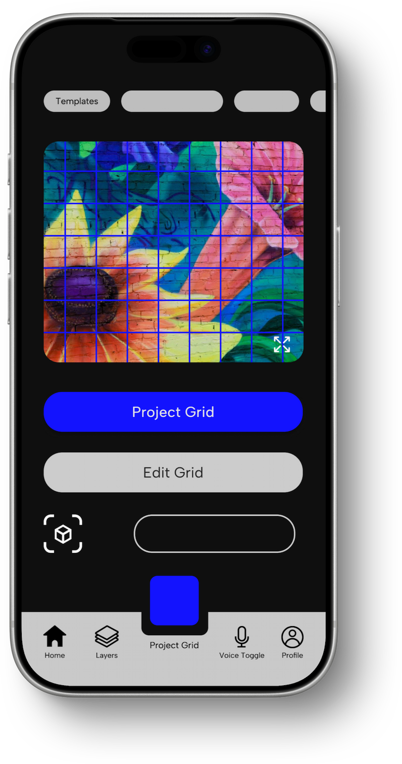Early Projekt grid editor mockup with large labeled buttons